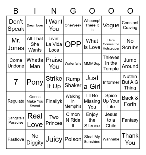 90's Hits Bingo Card