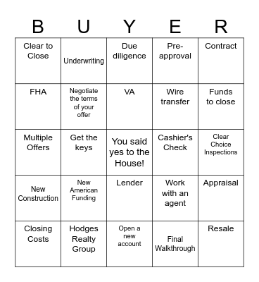 Welcome Home! Bingo Card