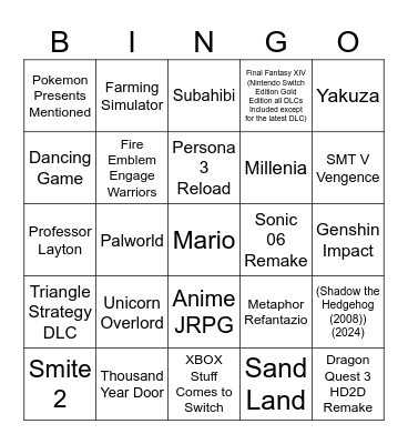 Nintendo Direct Bingo Card