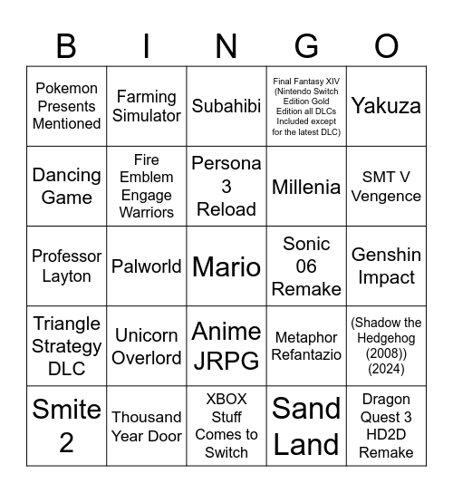 Nintendo Direct Bingo Card