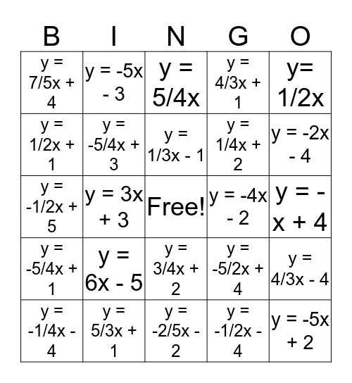 Slope Intercept BINGO Card