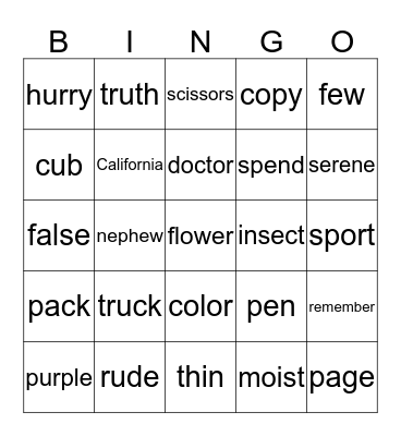 Analogy Bingo Card