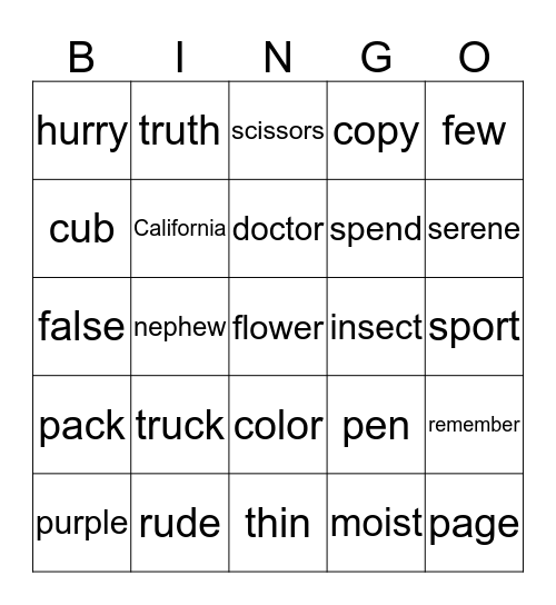 Analogy Bingo Card