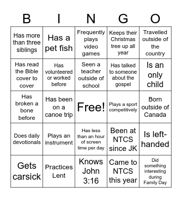 Spiritual Emphasis Day Bingo Card