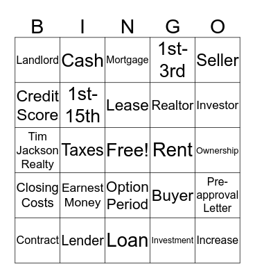 Tim Jackson Realty  Bingo Card
