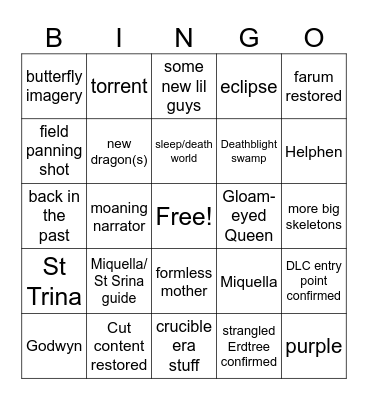 Elden Ring DLC Trailer Bingo Card