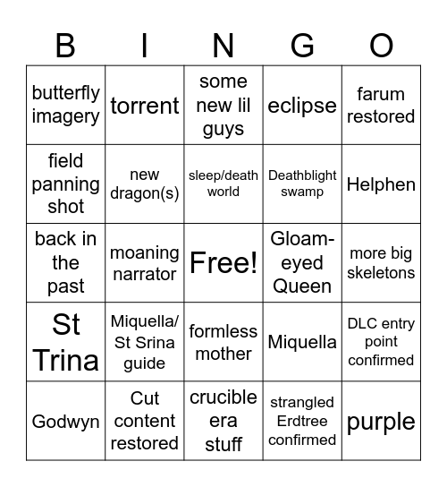 Elden Ring DLC Trailer Bingo Card