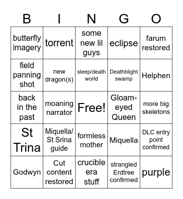 Elden Ring DLC Trailer Bingo Card