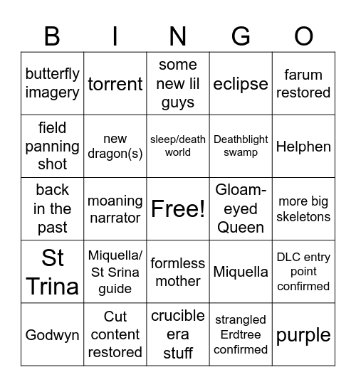 Elden Ring DLC Trailer Bingo Card