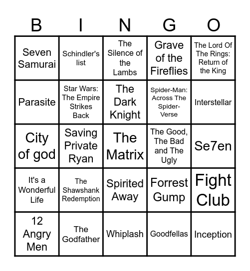 TOP 25 MOVIES Bingo Card
