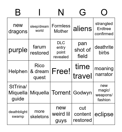 Elden Ring DLC Trailer Bingo Card