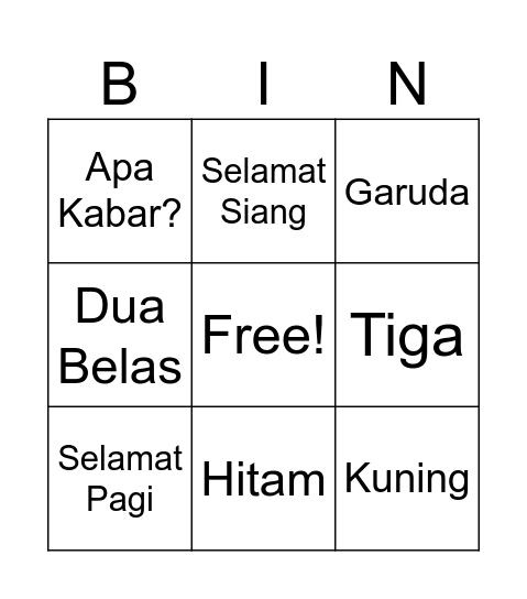 Bahasa Words Bingo Card