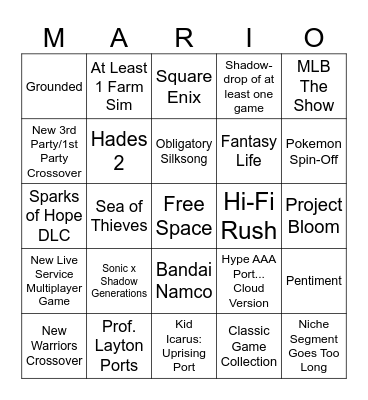 Nintendo Direct Bingo Card