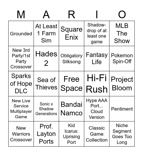 Nintendo Direct Bingo Card