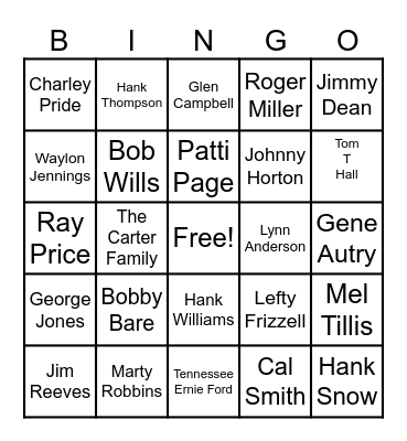 Classic Country Artist's Bingo Card