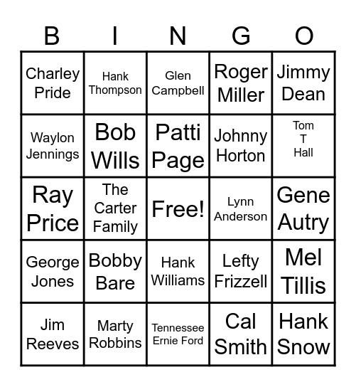 Classic Country Artist's Bingo Card