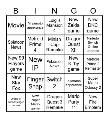 Nintendo Direct Bingo Card