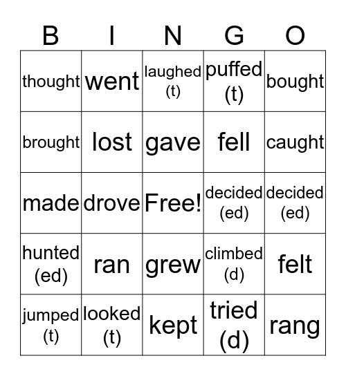 Past Tense Verbs Bingo Card