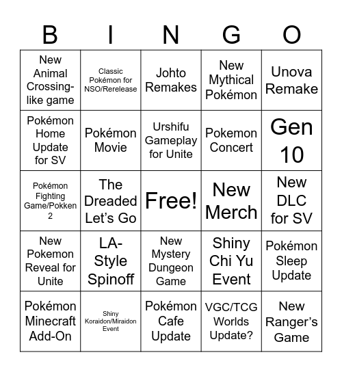 Pokémon Presents Bingo Card