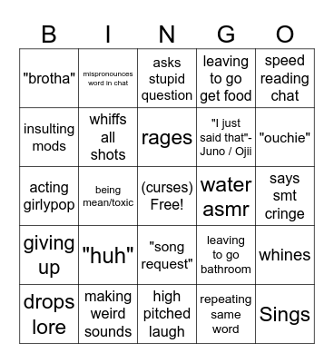Egirlvtuber Stream Bingo Card