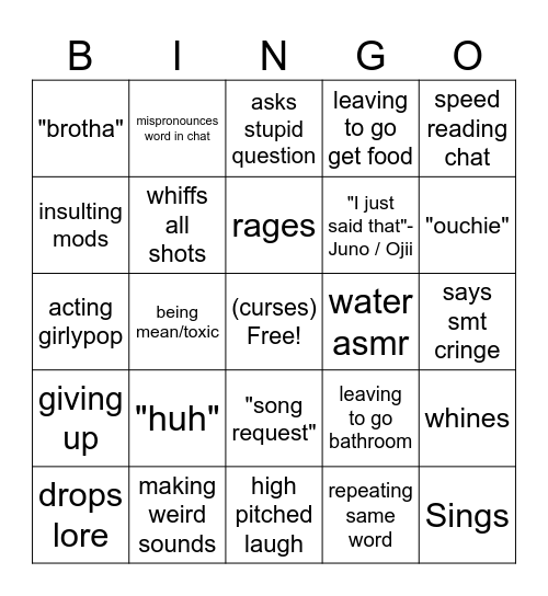 Egirlvtuber Stream Bingo Card