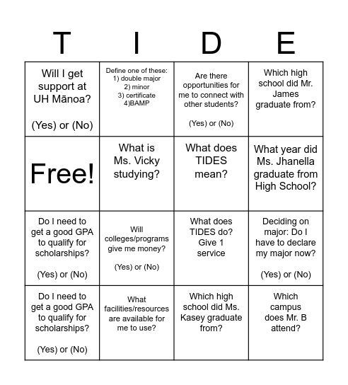 TIDES: College Overview Bingo Card