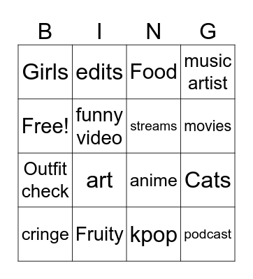 IG REELS Bingo Card