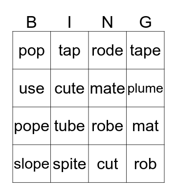 Silent E Bingo Card