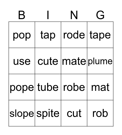 Silent E Bingo Card