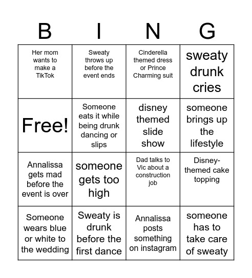 Sweaty's Wedding Bingo Card