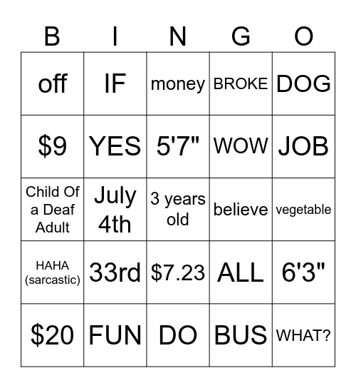 Untitled Bingo Card