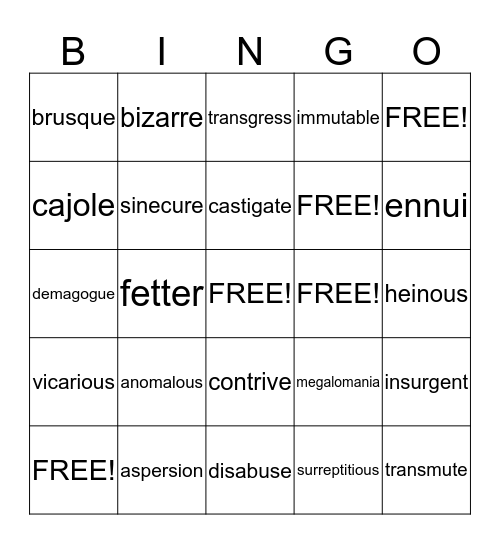 Vocabulary Level F Unit 6 Bingo Card
