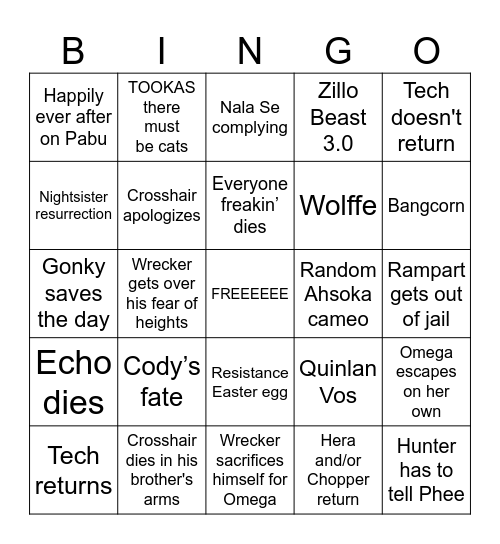 The Bad Batch Season Three Bingo Card