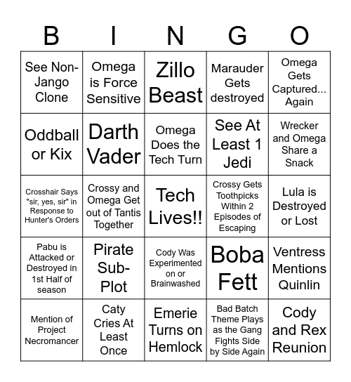 Bad Batch Season 3 Bingo Card