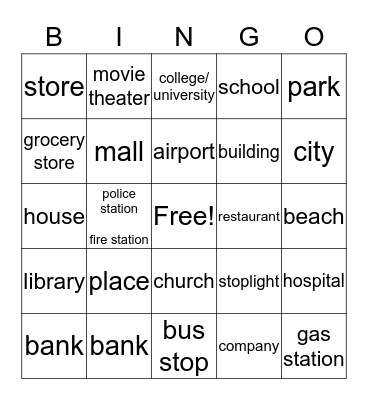 Places Bingo Card