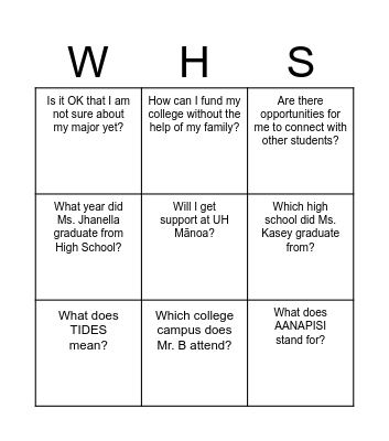 TIDES: College Overview Bingo Card