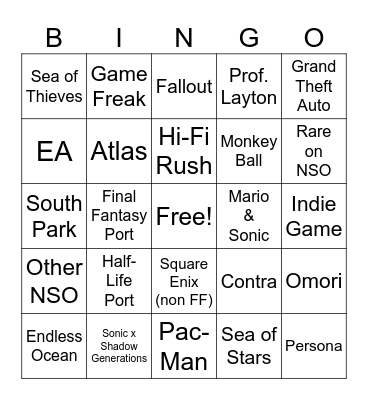 Nintendo Direct Partner Showcase Bingo Card