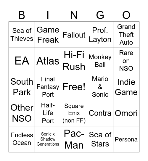 Nintendo Direct Partner Showcase Bingo Card