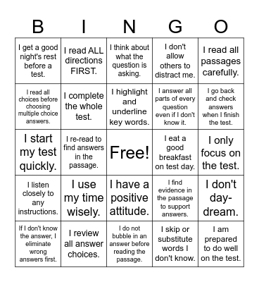 Test Taking Strategies Bingo Card