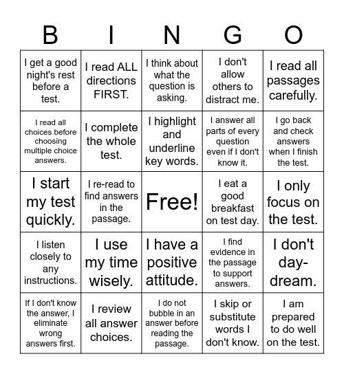 Test Taking Strategies Bingo Card