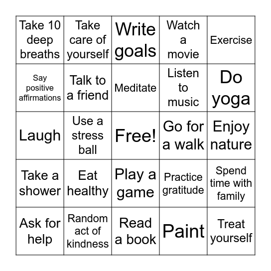 Coping Skills BINGO Card