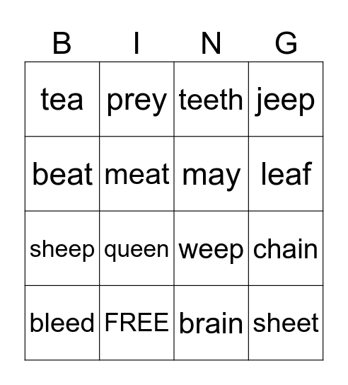 Long a Vowel Team Bingo Card