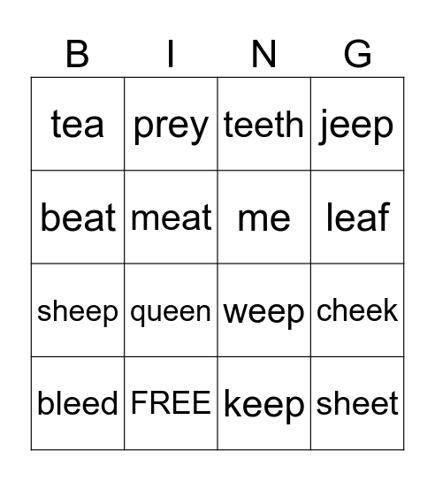 Long /e/ Vowel Team Bingo Card