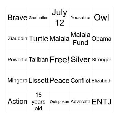 Malala Yousafzai Bingo Card