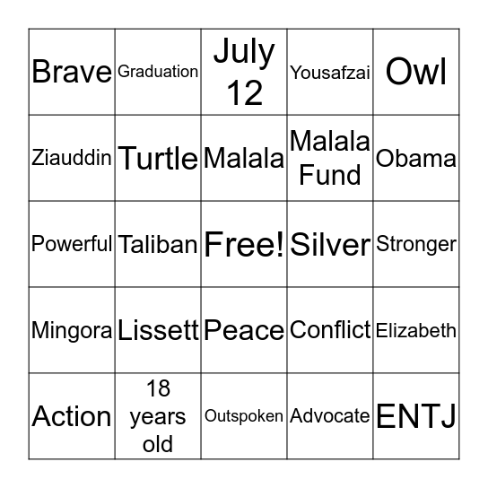 Malala Yousafzai Bingo Card