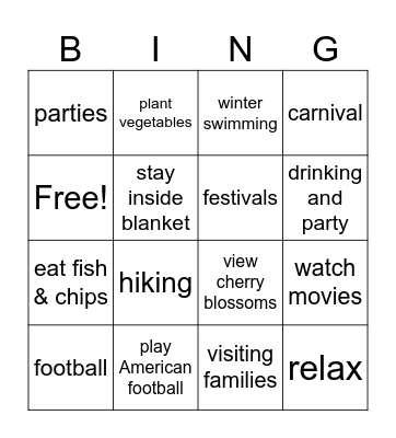 February Seasonal Activities Bingo Card