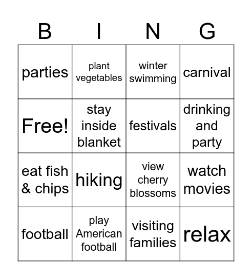 February Seasonal Activities Bingo Card