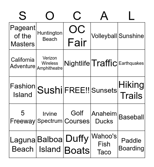 Orange County Bingo Card