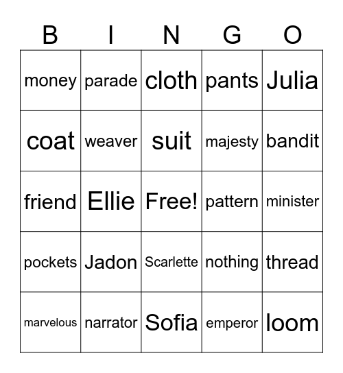 Emperor's New Clothes Bingo Card