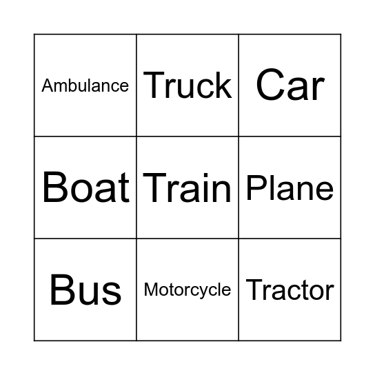 Vehicles Bingo Card